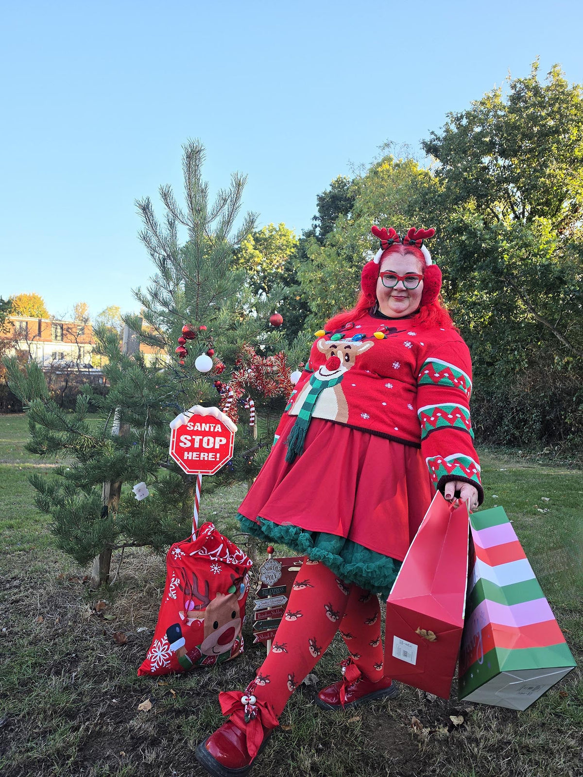 Deer Santa Tights - Lobster
