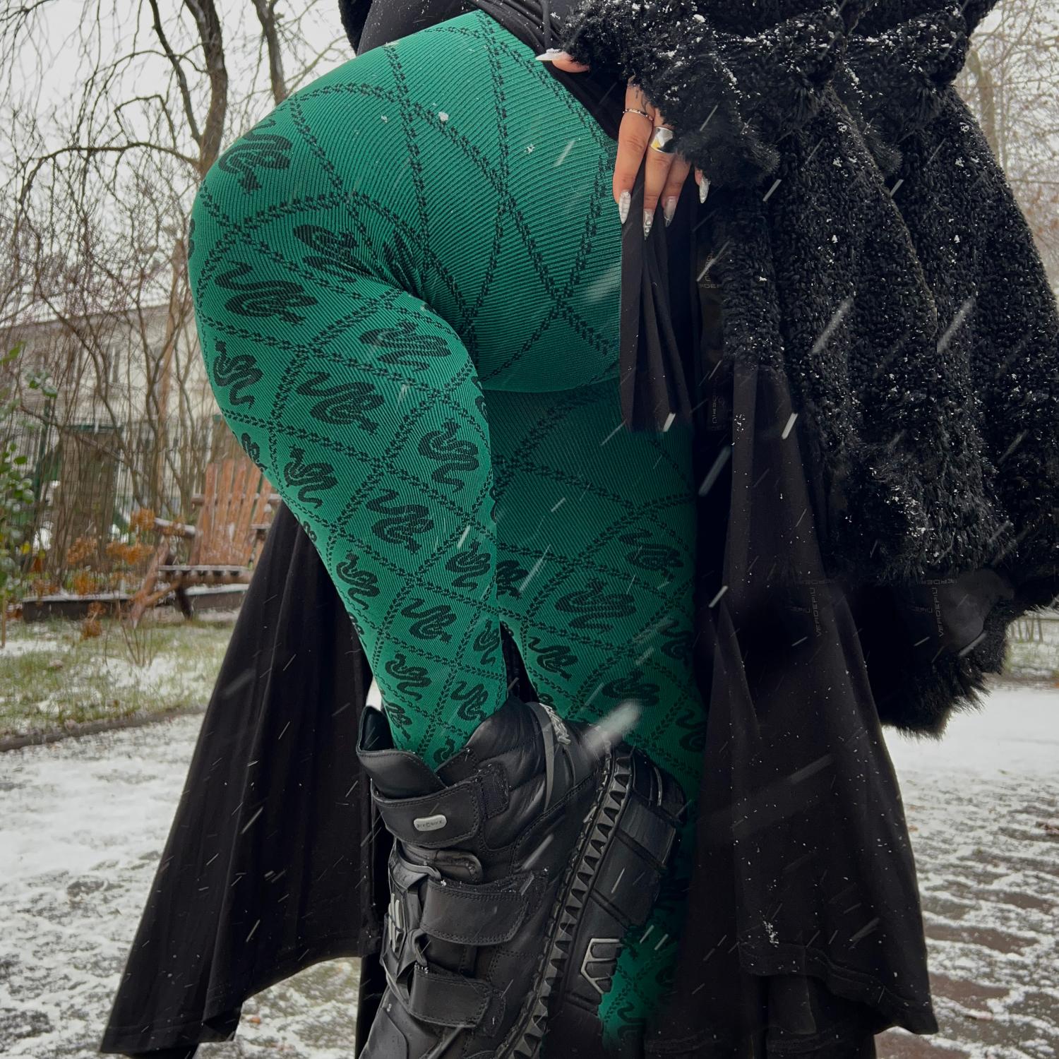 80 Denier Opaque Tights - Corra Snakes - Foliage Green