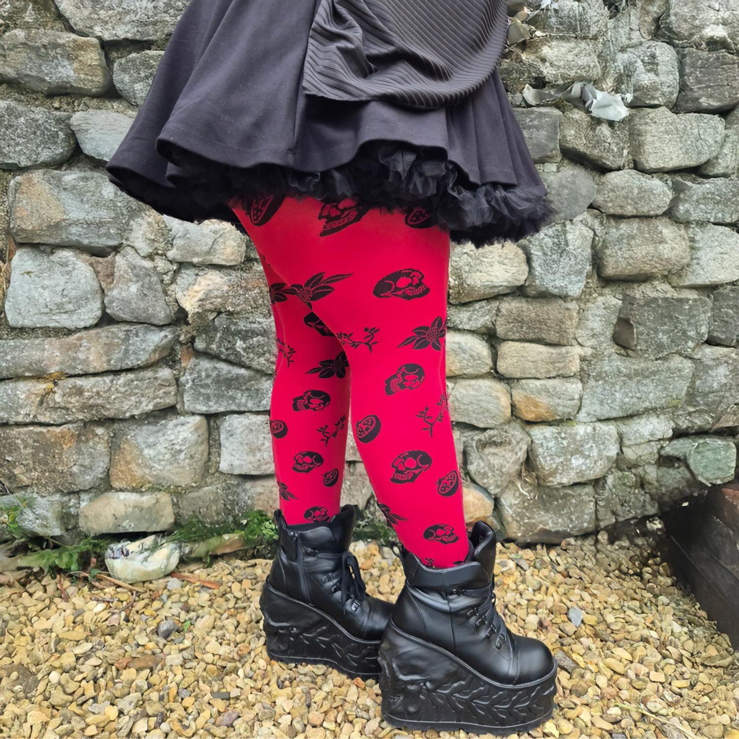 Collant 80 denari coprenti - Danu Skull Flower - Rosso sangue