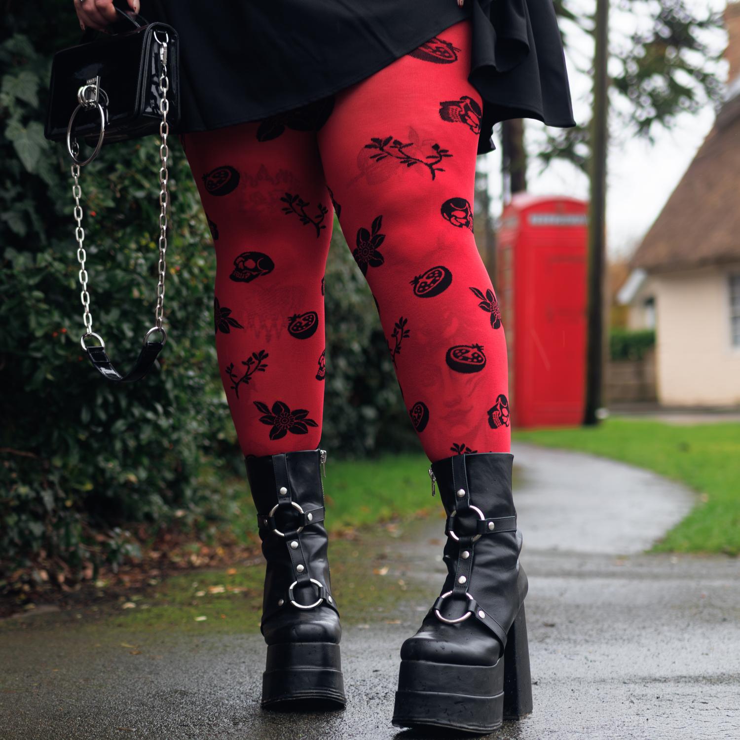 Collant 80 denari coprenti - Danu Skull Flower - Rosso sangue