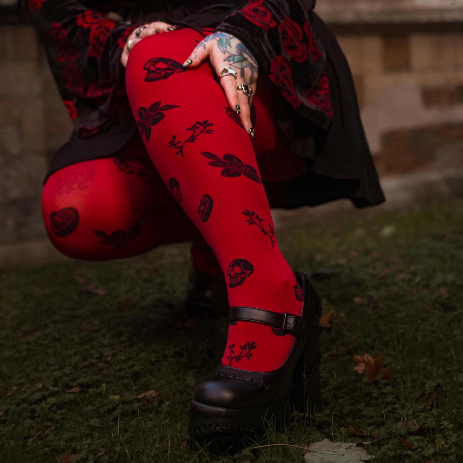 Collant 80 denari coprenti - Danu Skull Flower - Rosso sangue