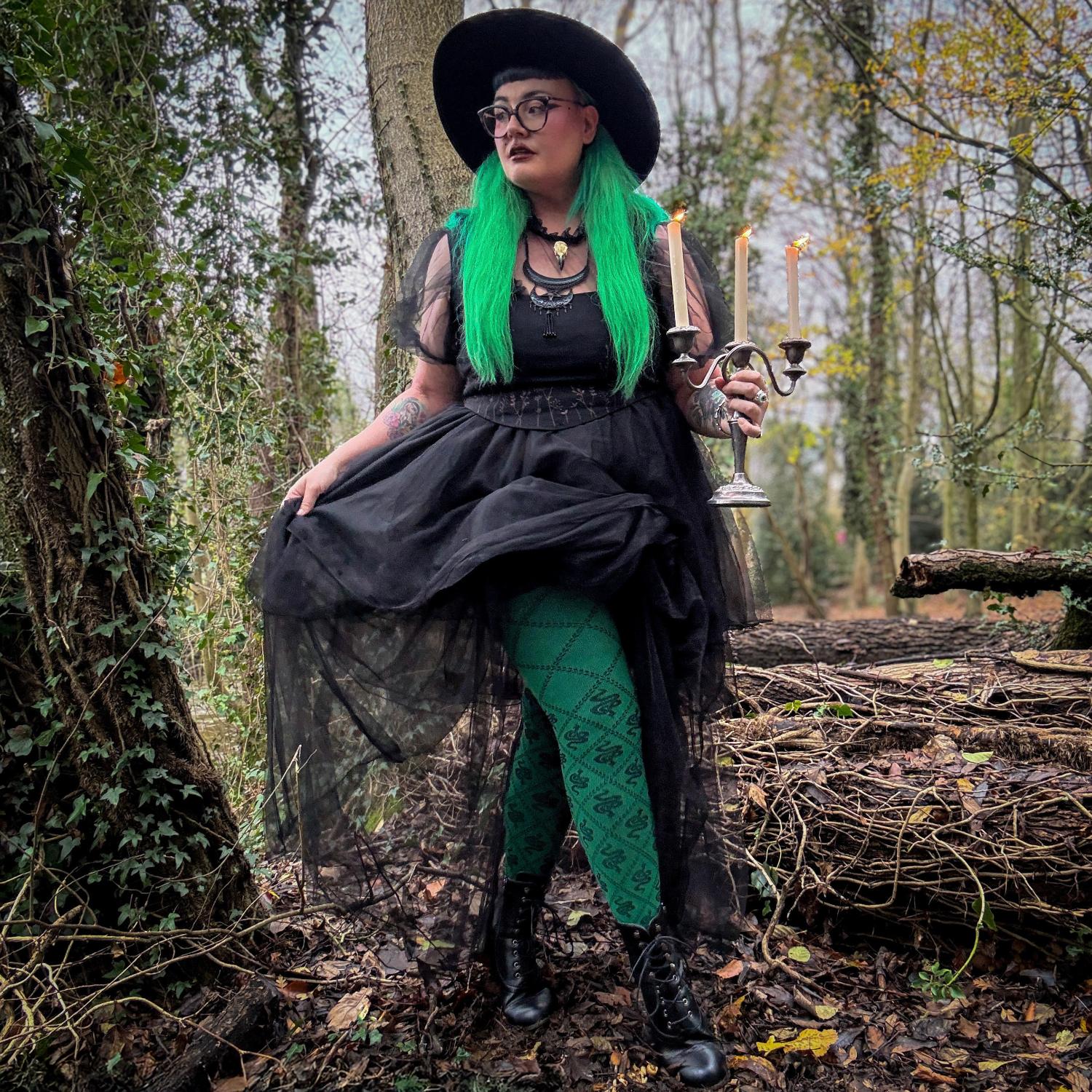 80 Denier Opaque Tights - Corra Snakes - Foliage Green