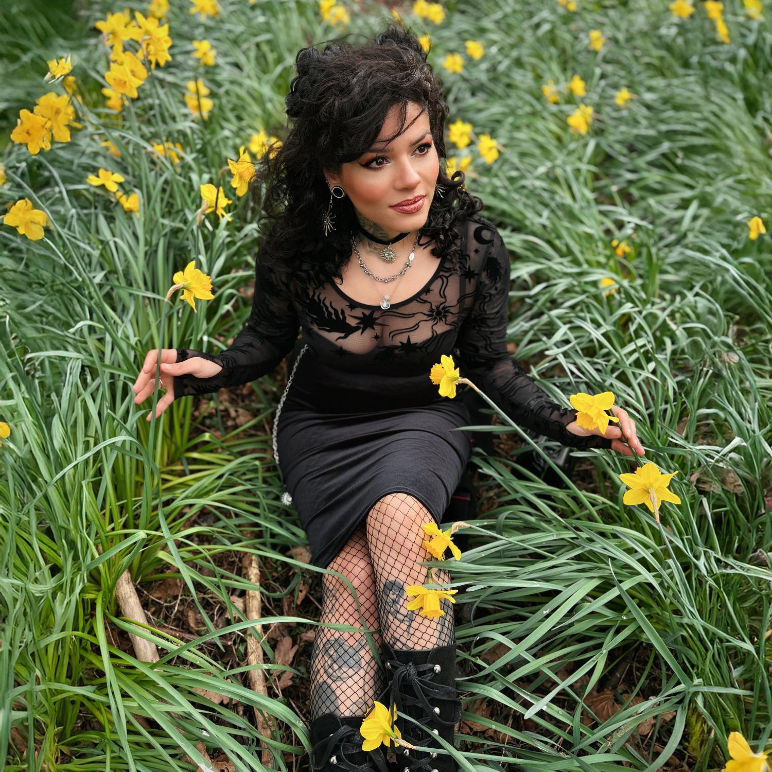 Celestial Flock Mesh Top - Black