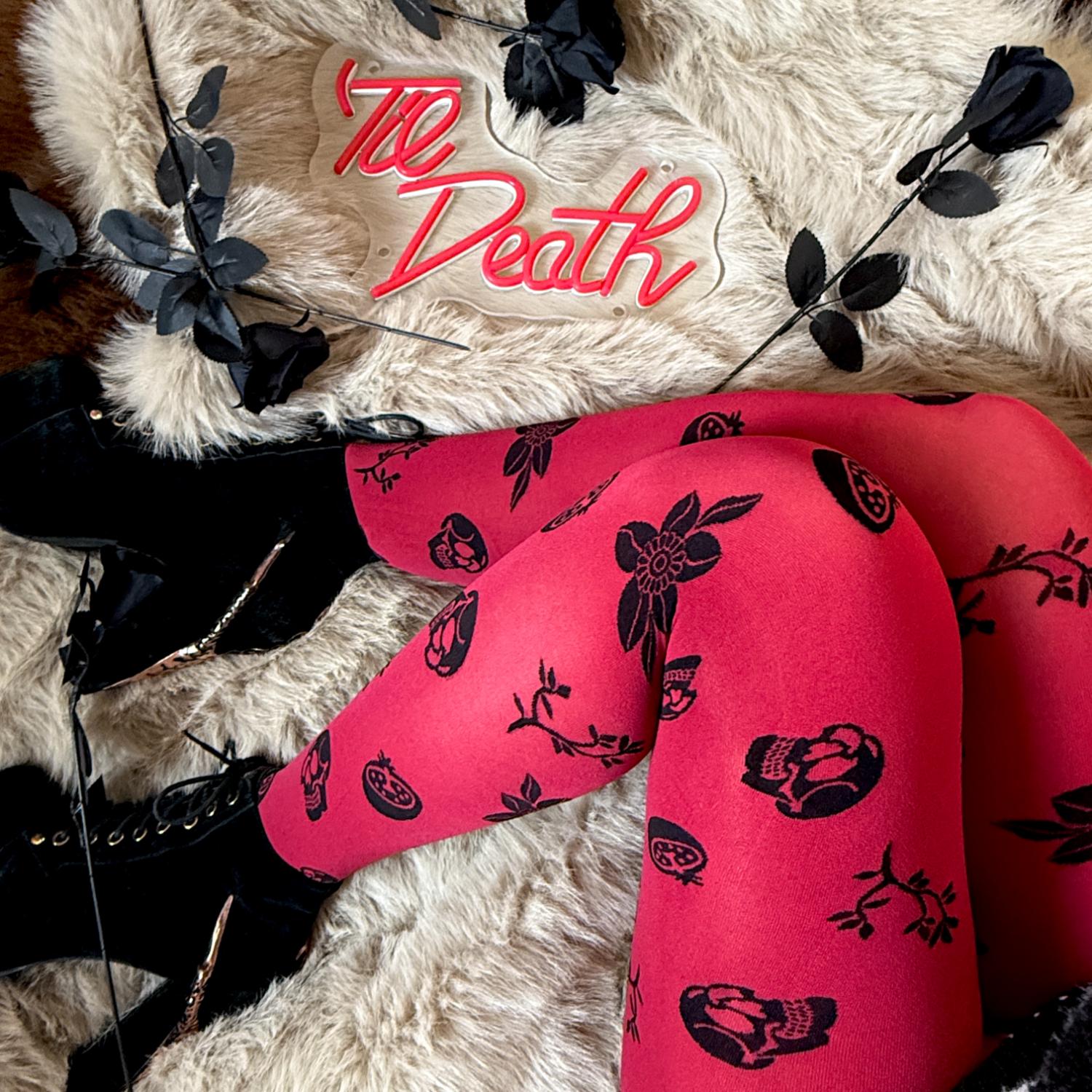 Collant 80 denari coprenti - Danu Skull Flower - Rosso sangue