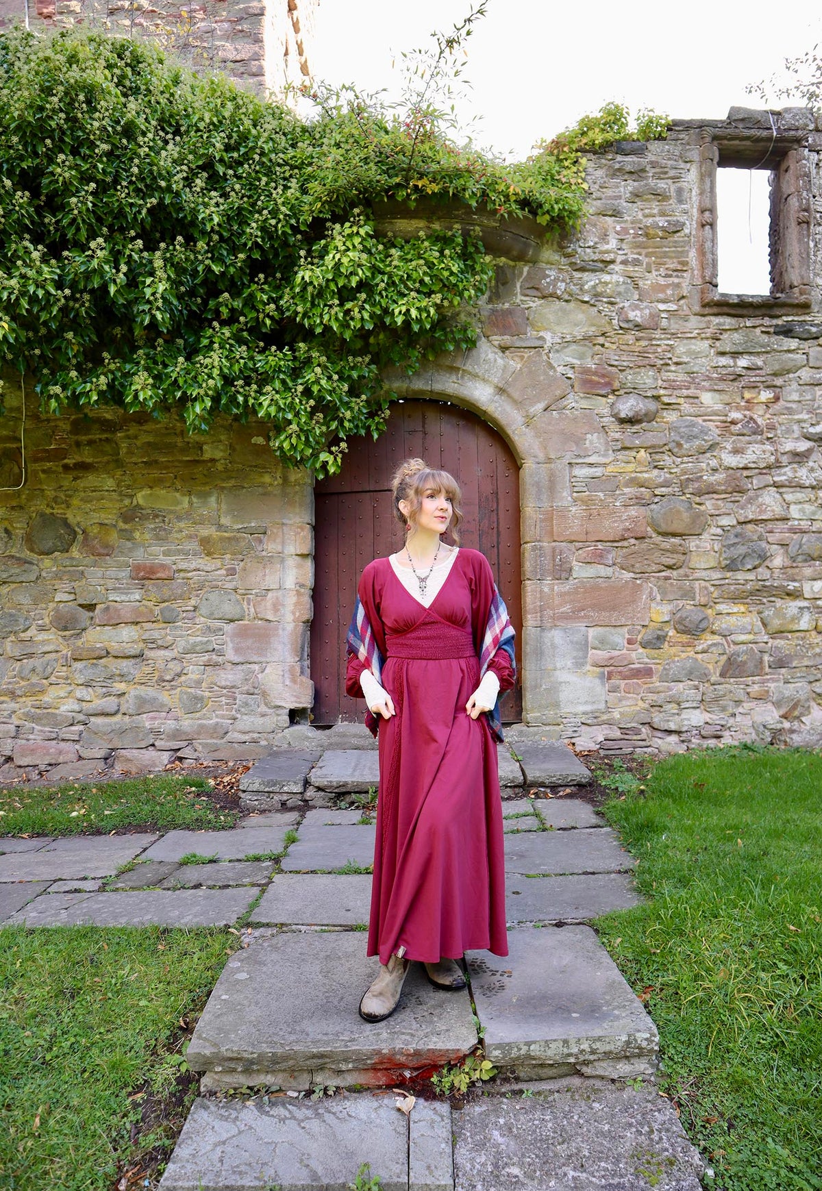 Skye Balloon Sleeve Lace Trim Dress - Burgundy