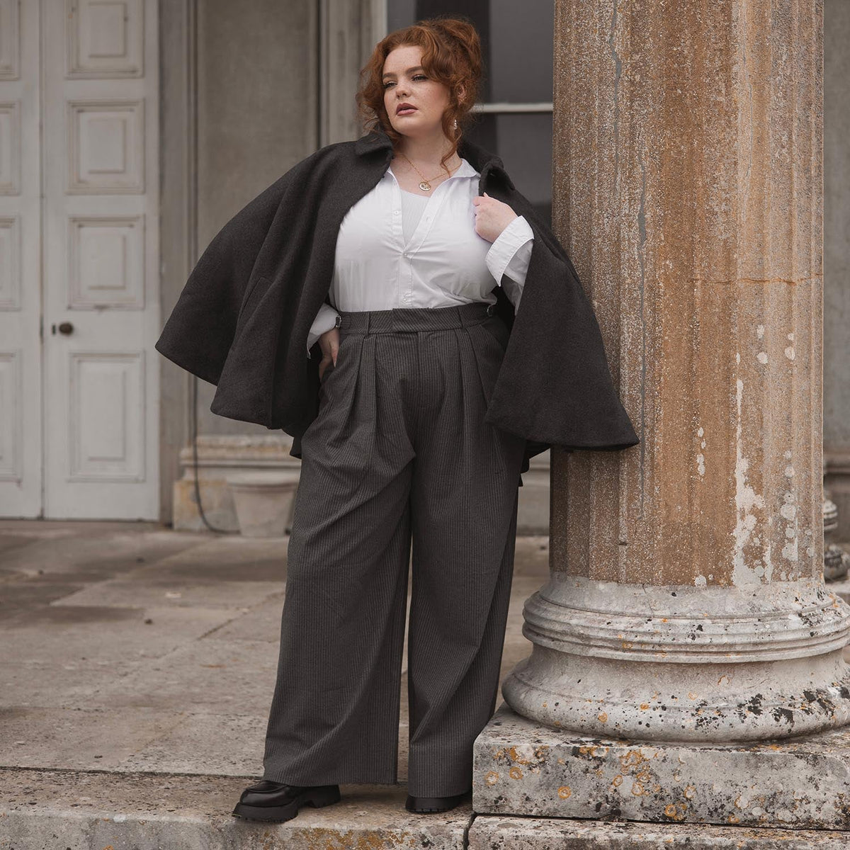 Wool Collared Cape - Charcoal