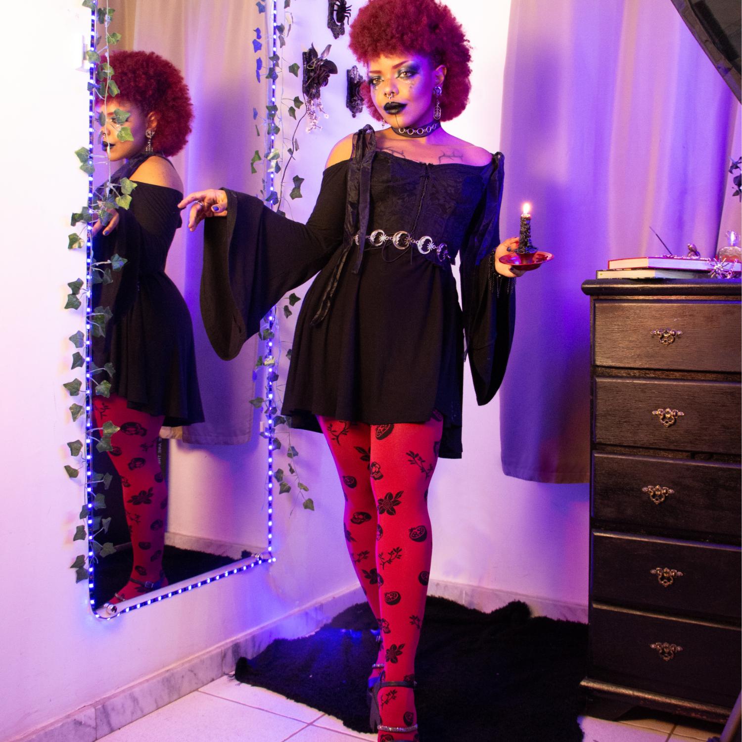 80 Denier Opaque Tights - Danu Skull Flower - Blood Red