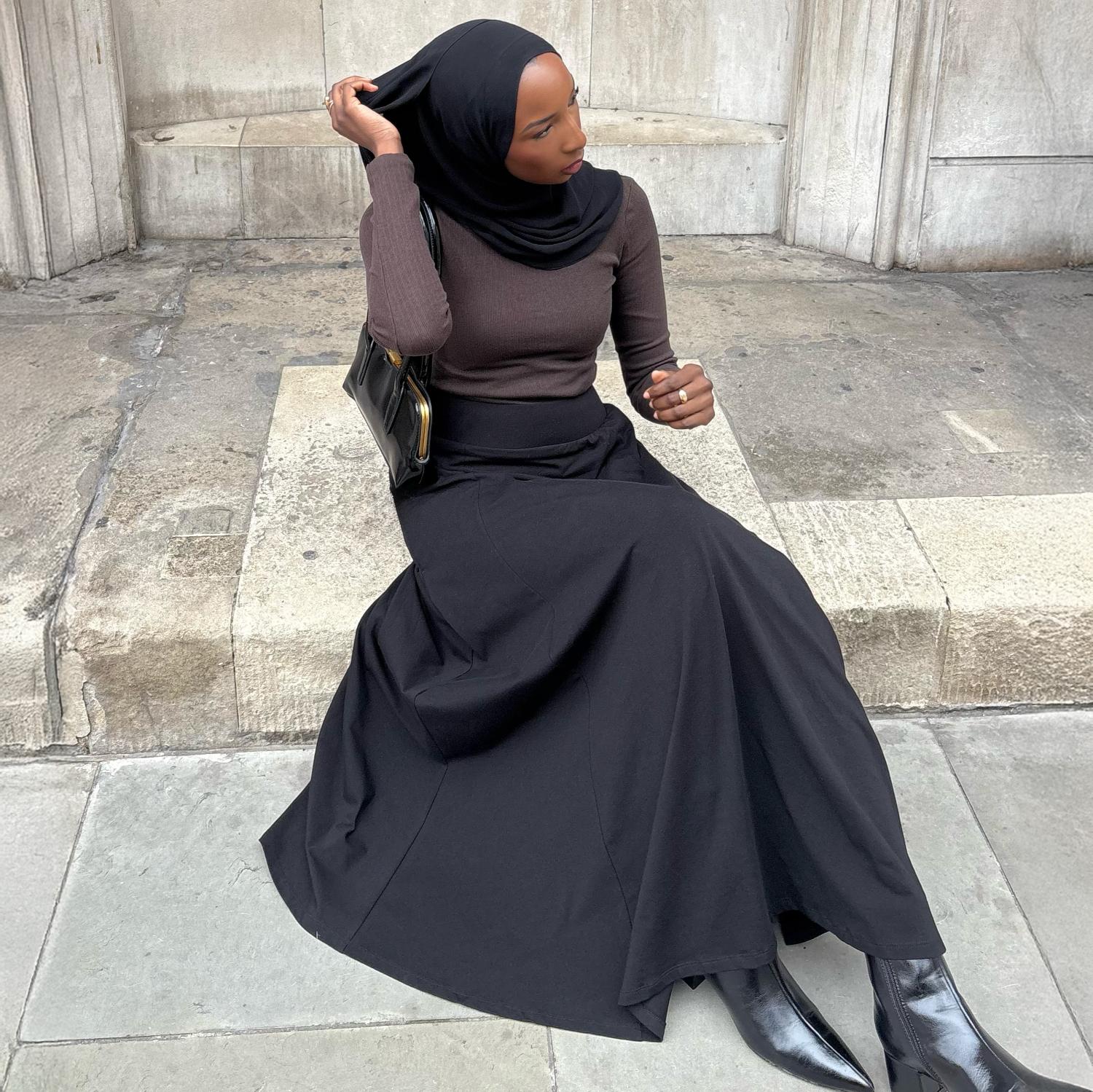 Jupe longue évasée en jersey de coton - Noir