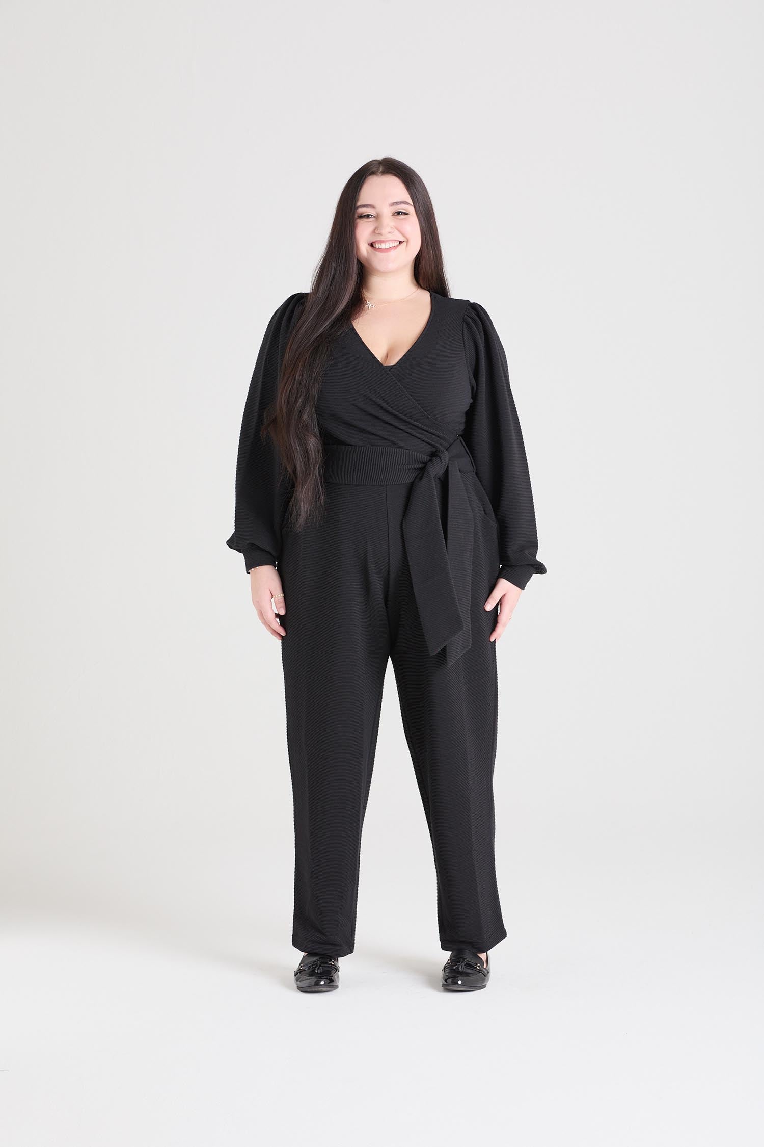Ottoman Wrap Jumpsuit med lange ærmer - Sort