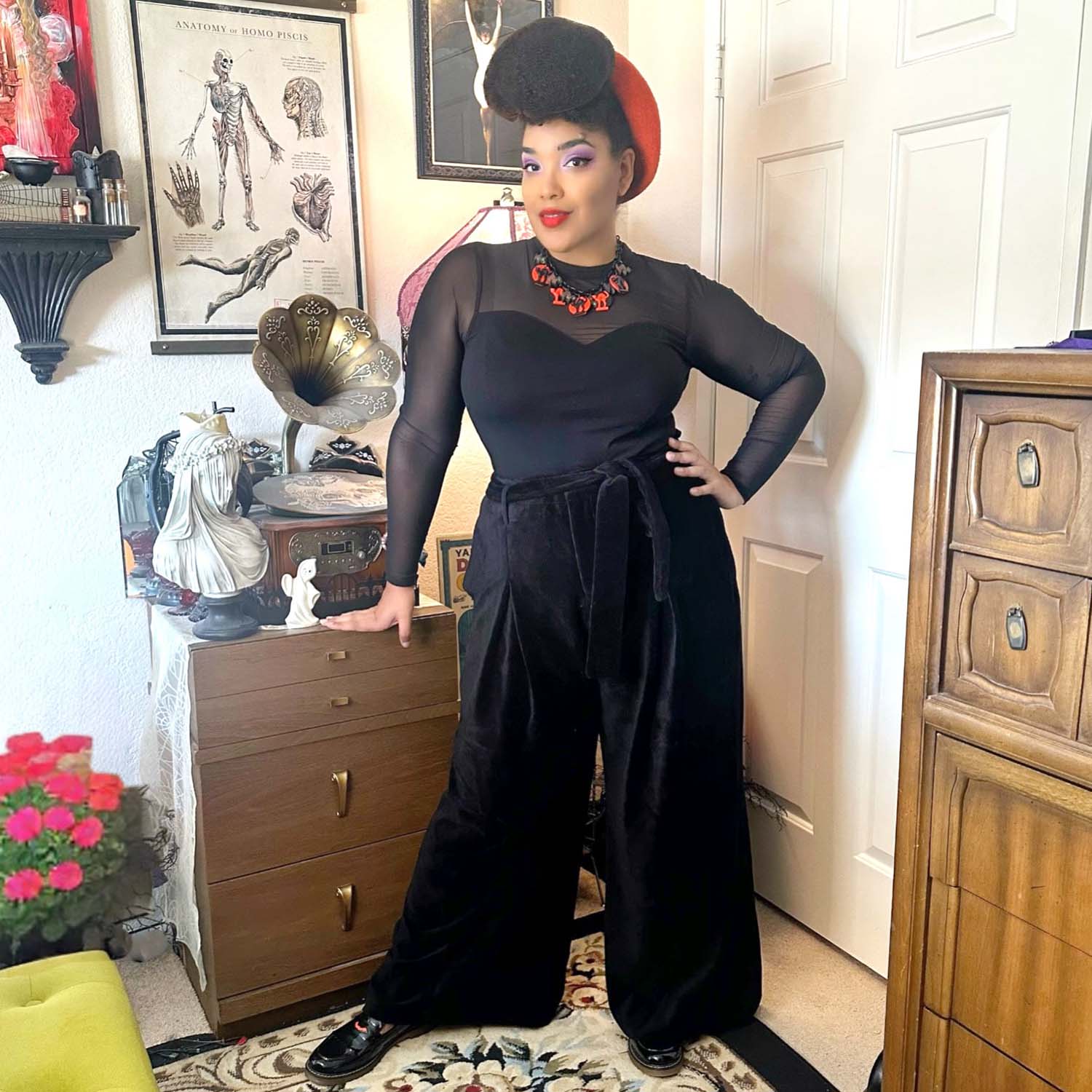 Pantalon tailleur à jambe large en velours côtelé - Noir