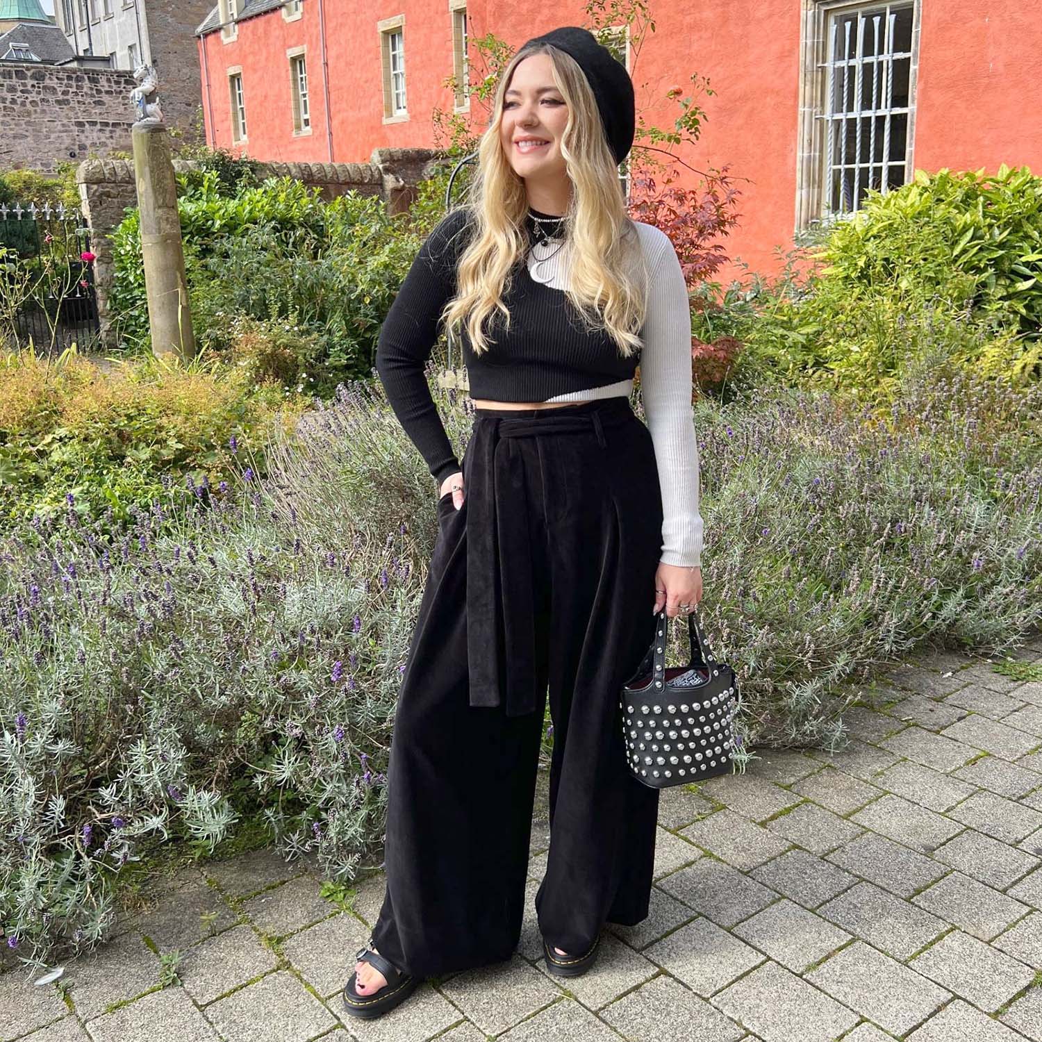 Pantaloni sartoriali a gamba larga in corda - Nero