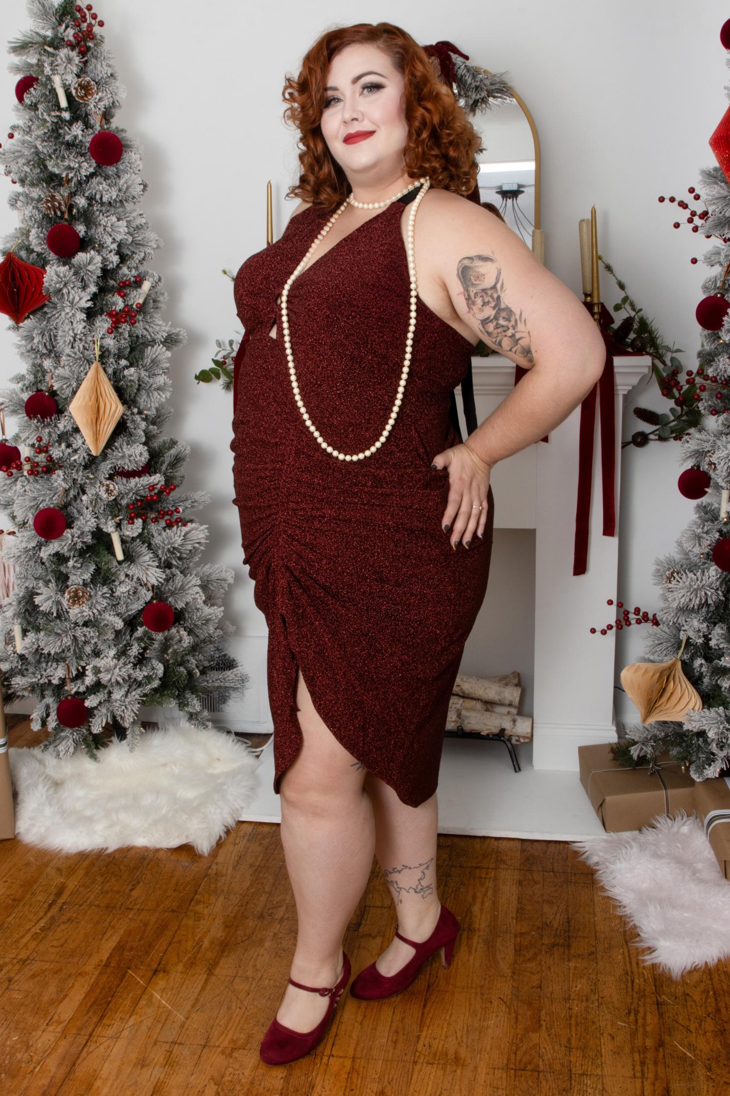 Vestido de Lurex com Halter - Bordeaux