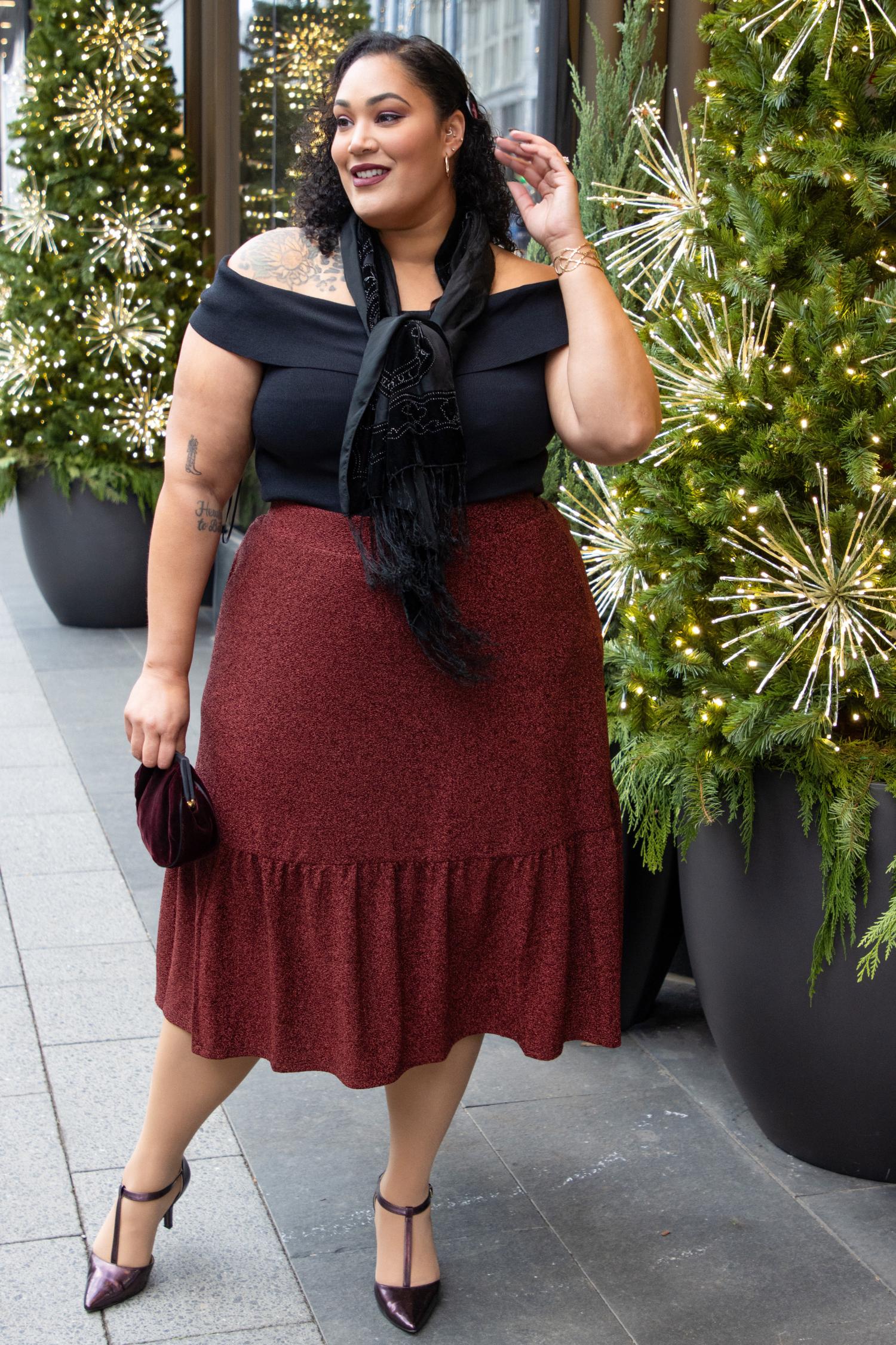 Saia midi em camadas de lurex - Bordeaux