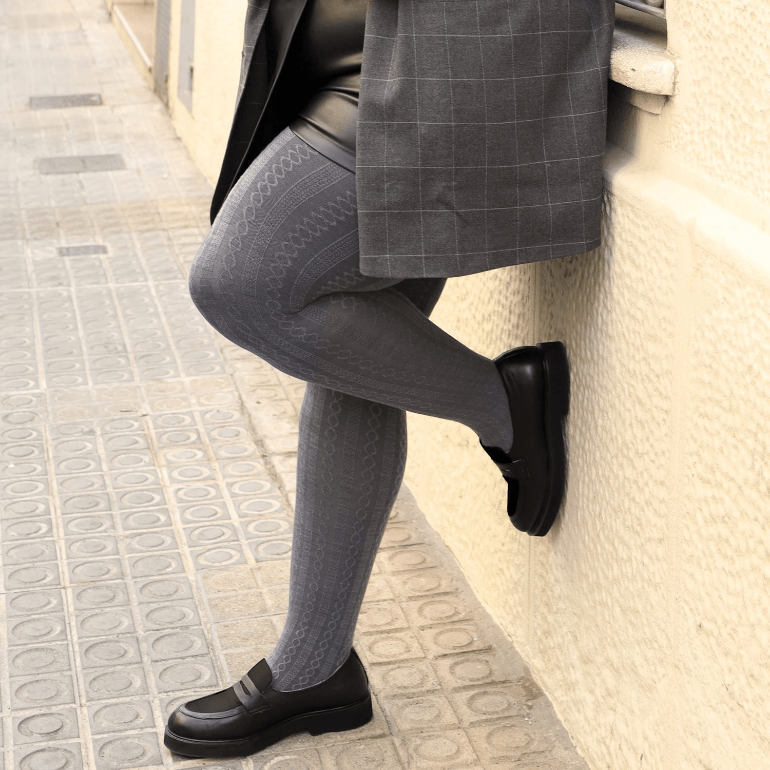 Grannies kabelstickade ulltights V2 - Slate