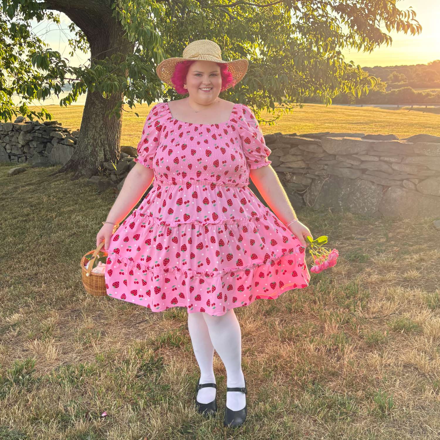 Strawberry Print Mini Dress | Shirred Cotton Jersey Dress with