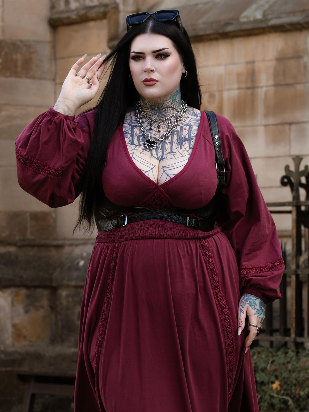 Skye Balloon Sleeve Lace Trim Dress - Burgundy