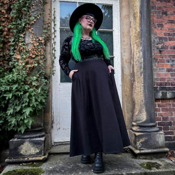 Black Jersey Maxi Skirt | Long A-Line Skirt with Pockets