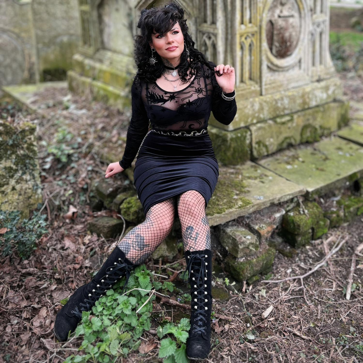 Celestial Flock Mesh Top - Black