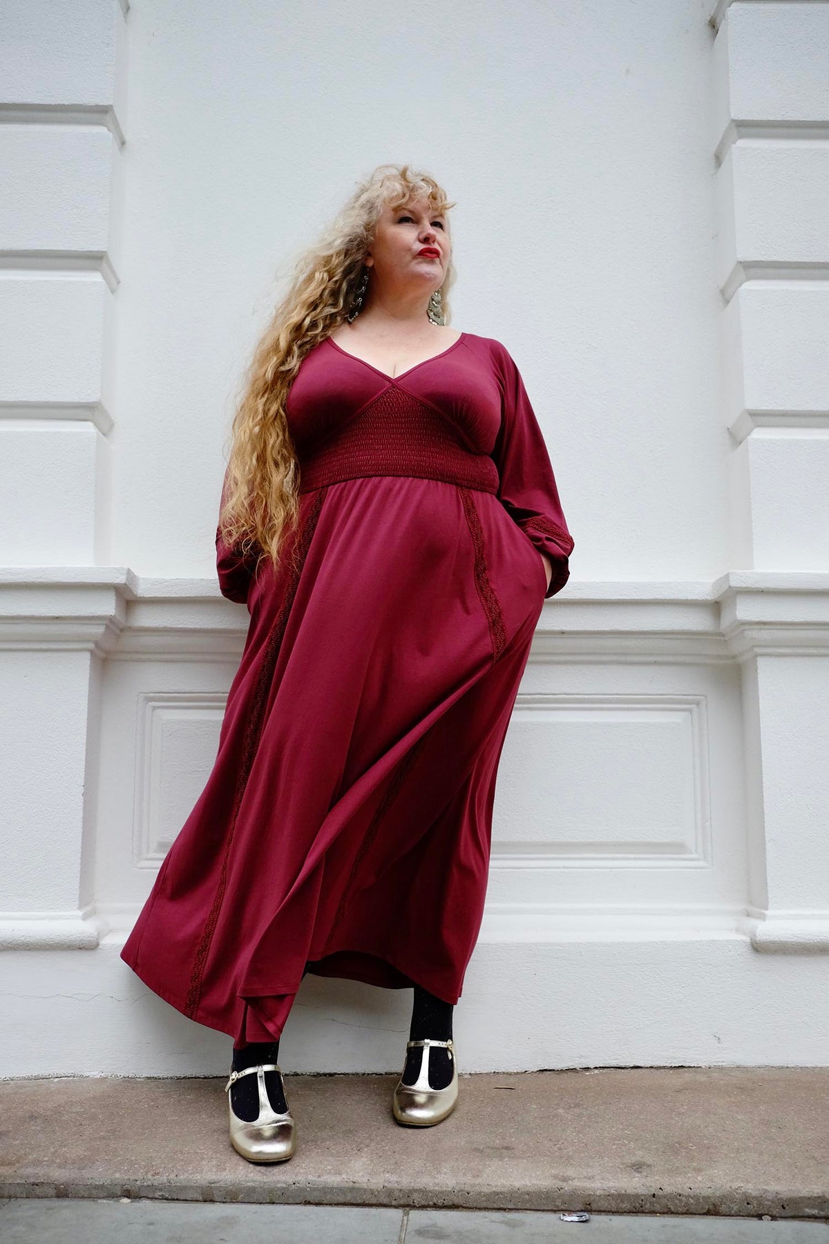 Skye Balloon Sleeve Lace Trim Dress - Burgundy