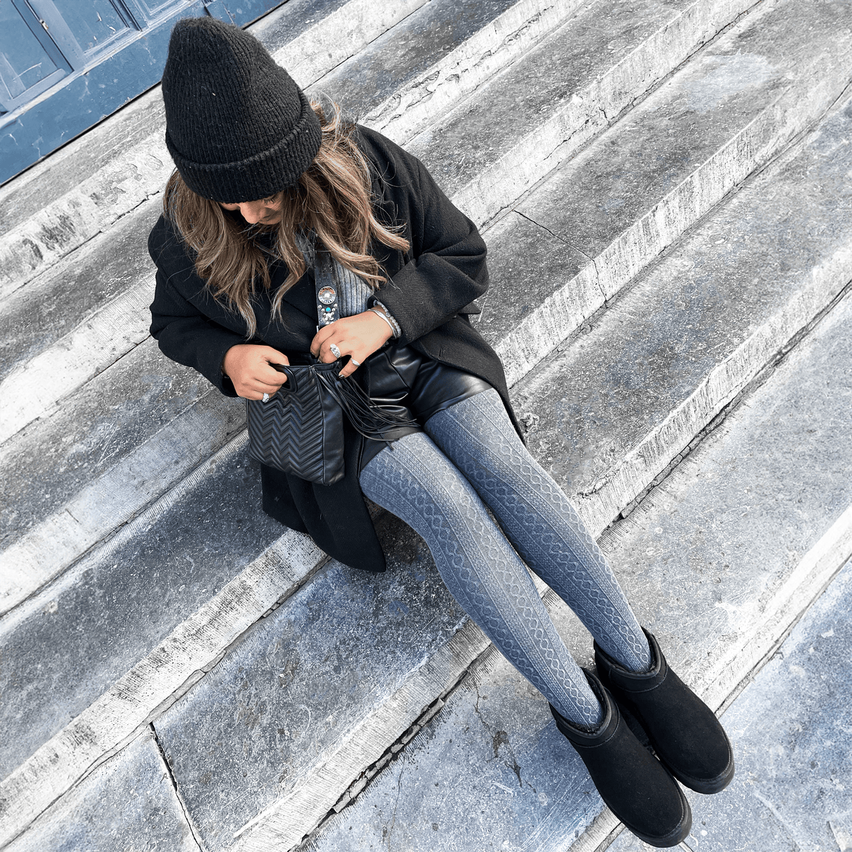 Grannies Cable Knit Wool Tights - Slate