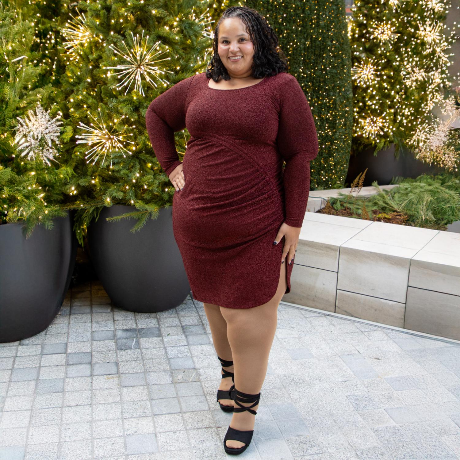 Lurex Long Sleeve Dress - Bordeaux