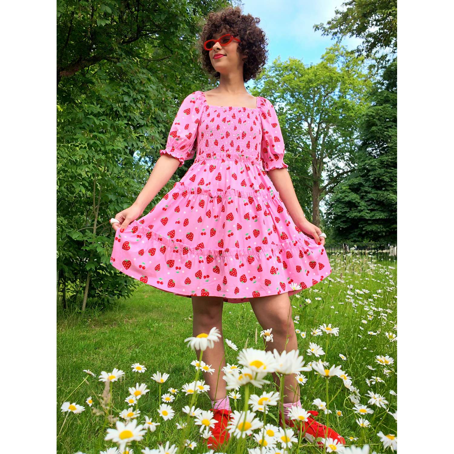 Strawberry Print Mini Dress | Shirred Cotton Jersey Dress with