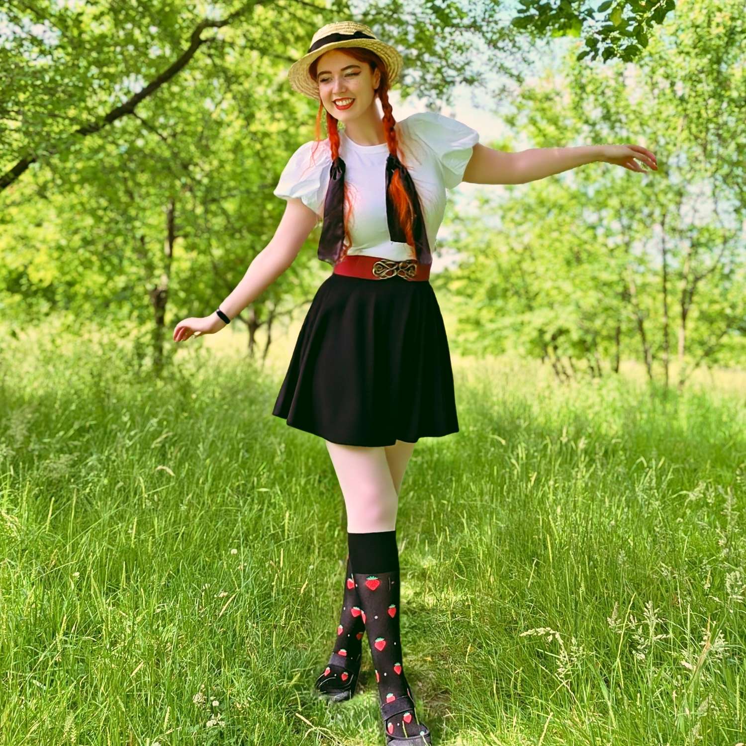 Strawberry Mock Sock Tights - Black