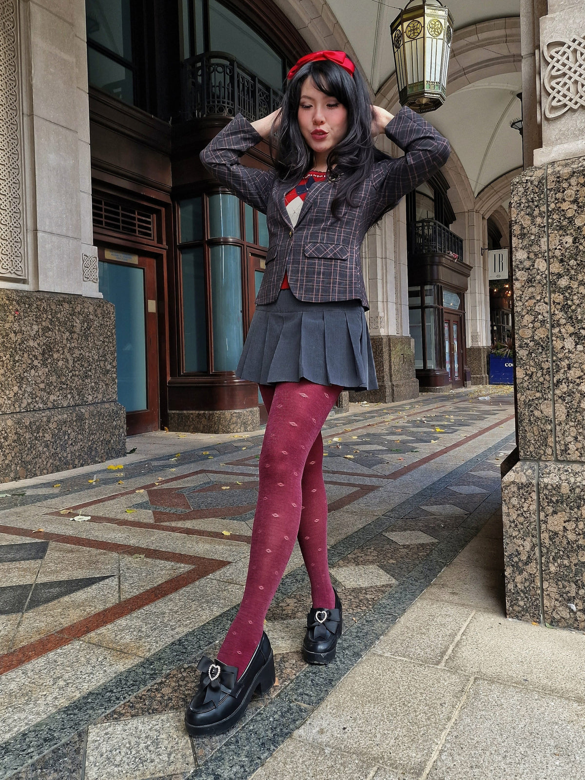 Wool Lace Tights - Ditsy Diamond - Cherry