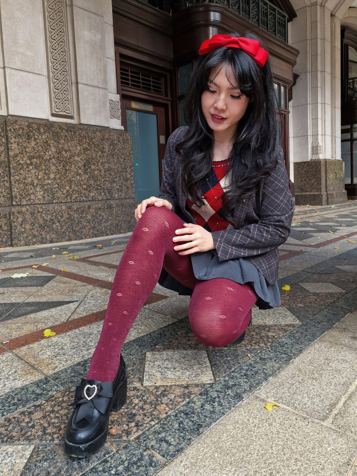 Wool Lace Tights - Ditsy Diamond - Cherry
