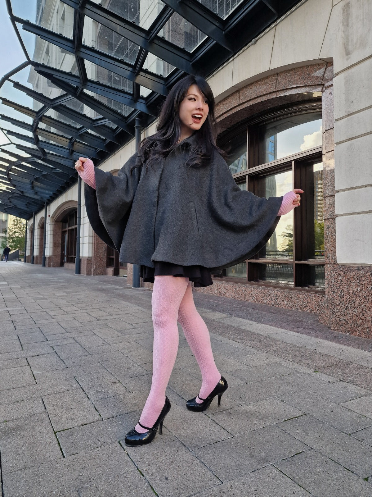 Wool Collared Cape - Charcoal