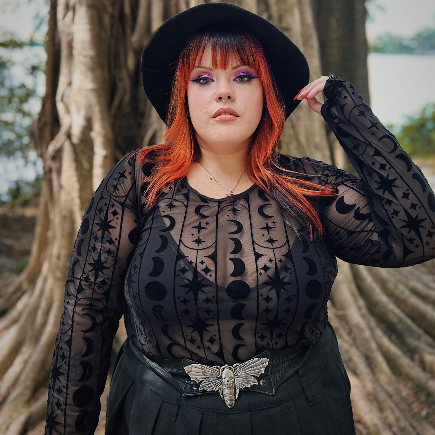 Flock Mesh Top - Moon Stars Pinstripe - Black