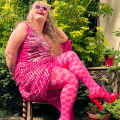 Woman wearing red checkboard racy tights