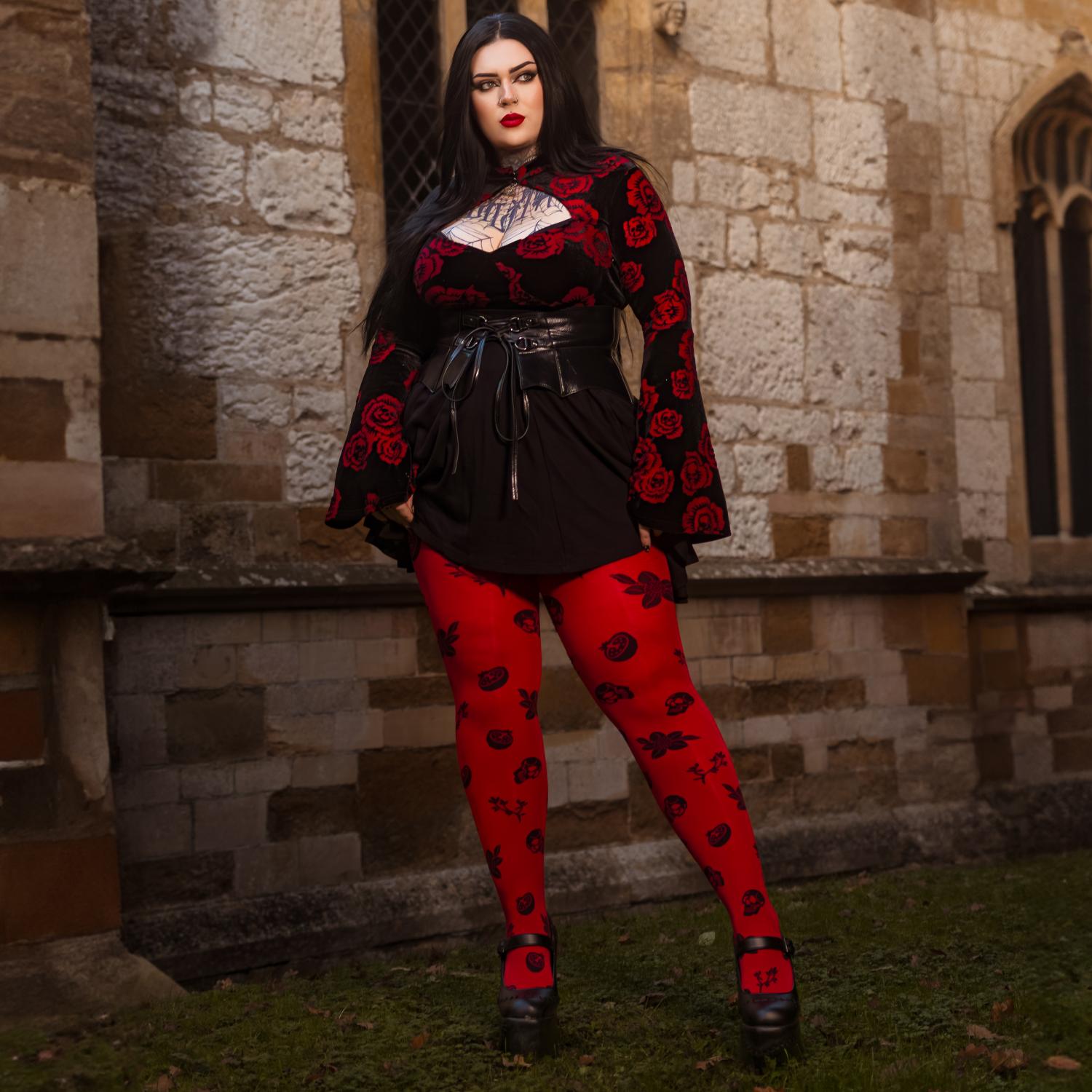 Collant opaque 80 deniers - Danu Skull Flower - Blood Red