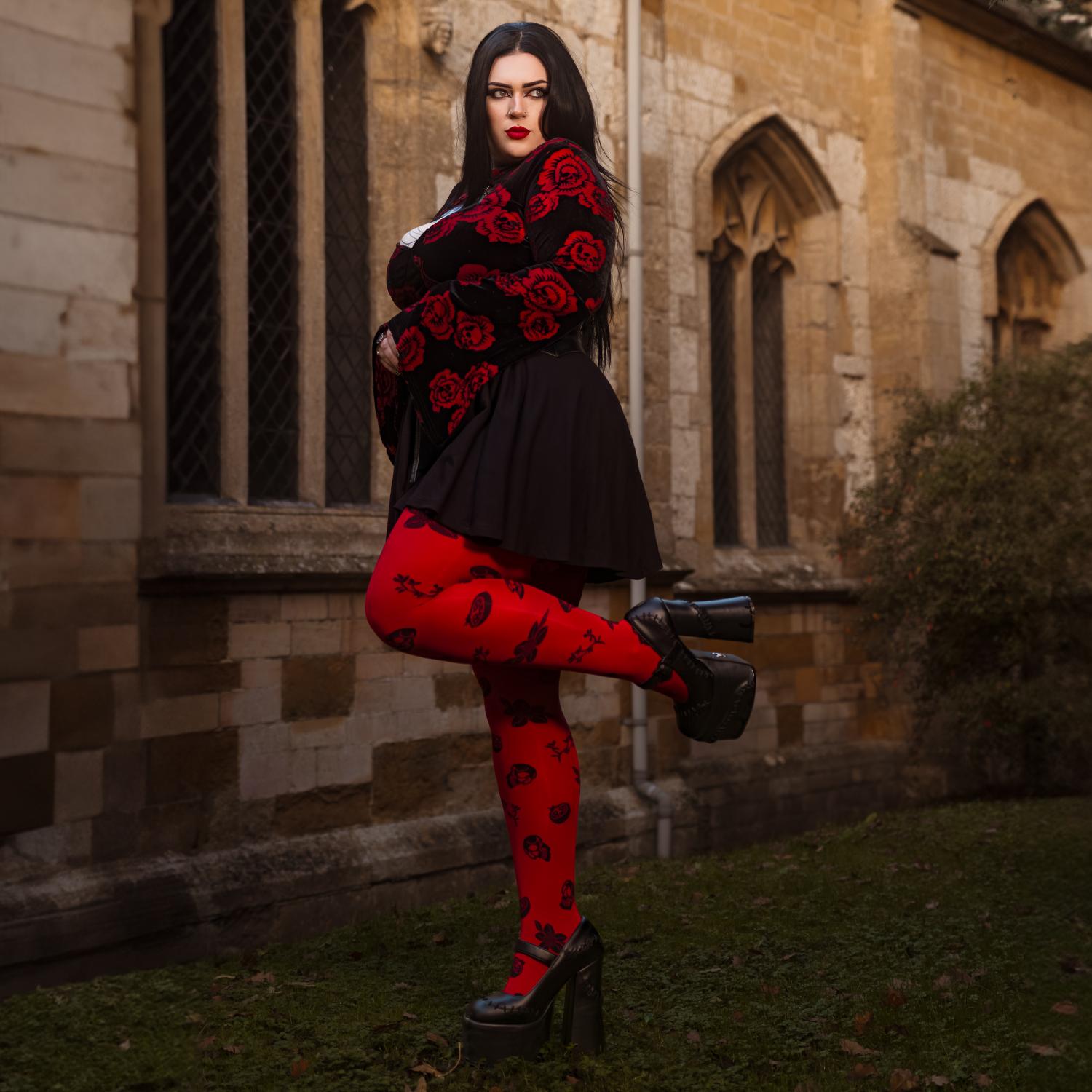 Collants opacos 80 Denier - Danu Skull Flower - Vermelho sangue