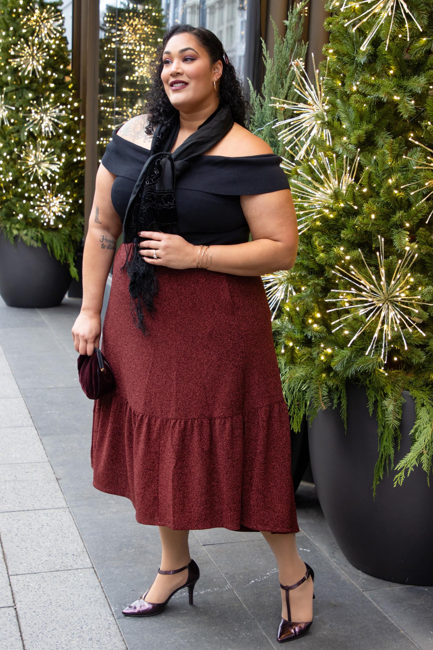 Lurex midikjol med vippor - Bordeaux